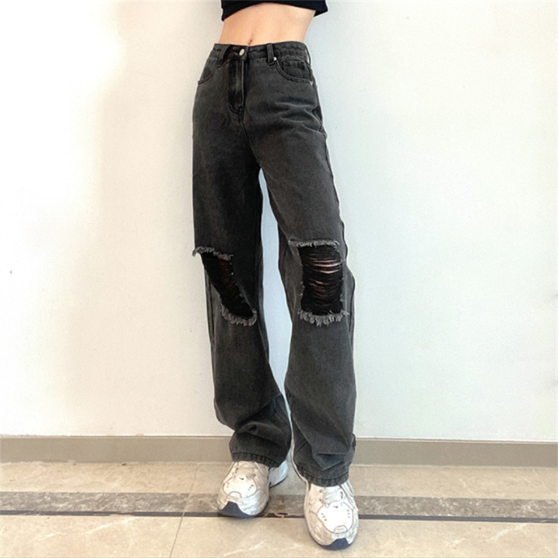 2022 Fashion Women&s New Jeans High Waist Loose Perforated Wide Leg Pants Black Pants S-2XL